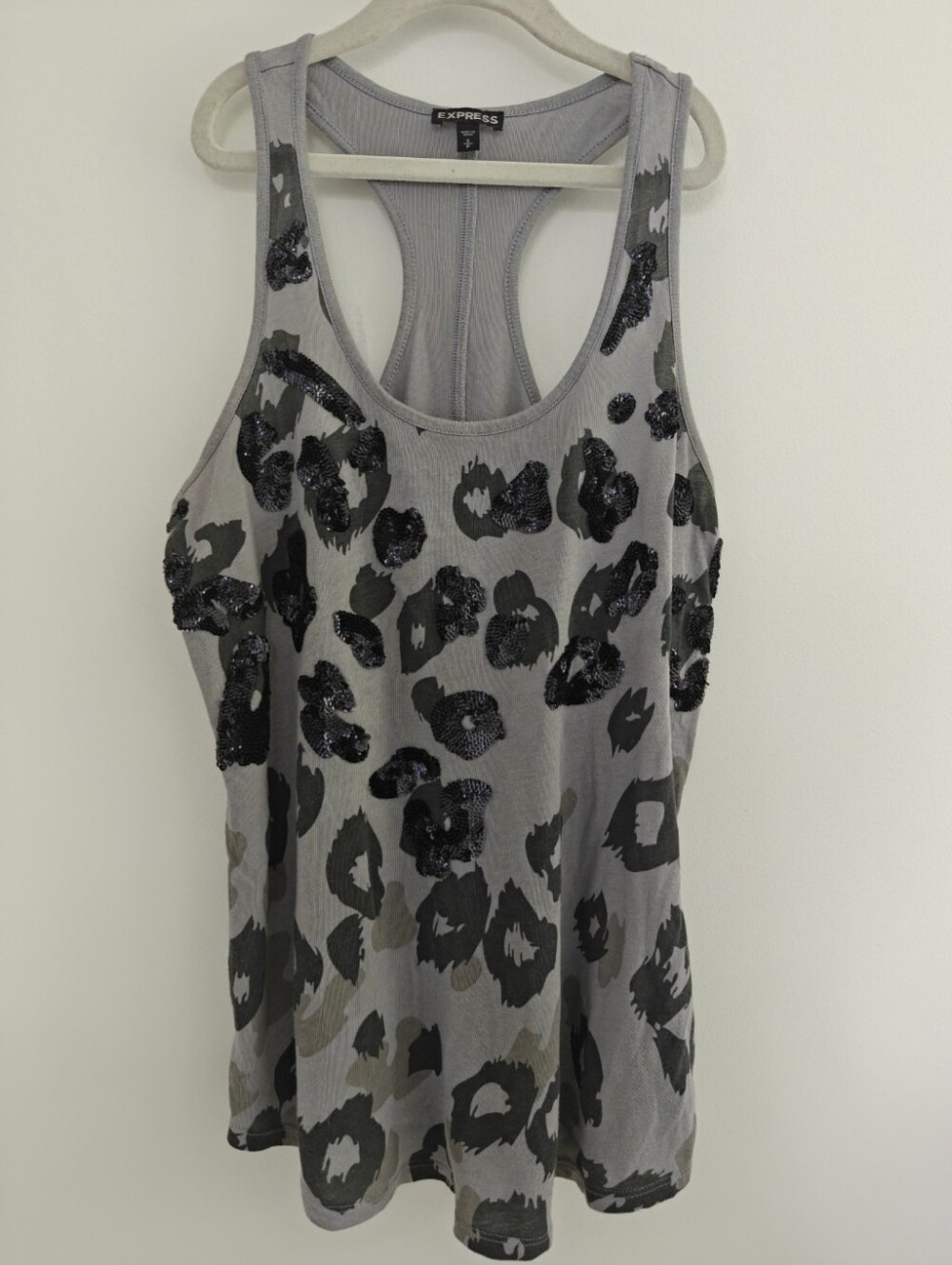 Express gray leopard print racerback tank w/shimmering black sequins Size S